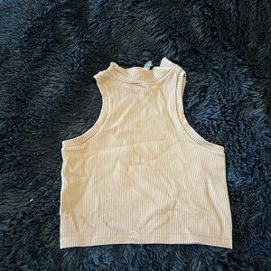 Tan ribbed cropped high neck top